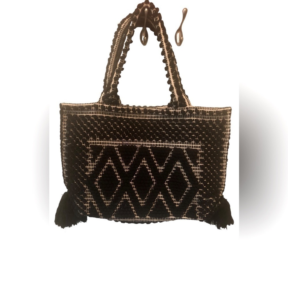 Sole Society Palisades Woven Tote W/Tassels Textured Geometric Shape Large 20X13